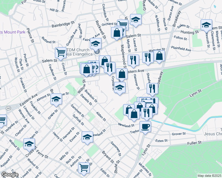 map of restaurants, bars, coffee shops, grocery stores, and more near 99 Crystal Street in Malden