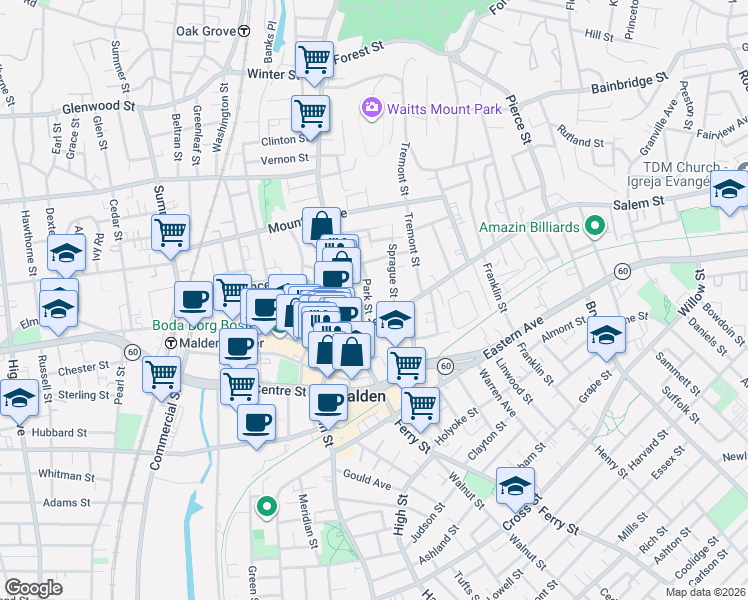 map of restaurants, bars, coffee shops, grocery stores, and more near in Malden