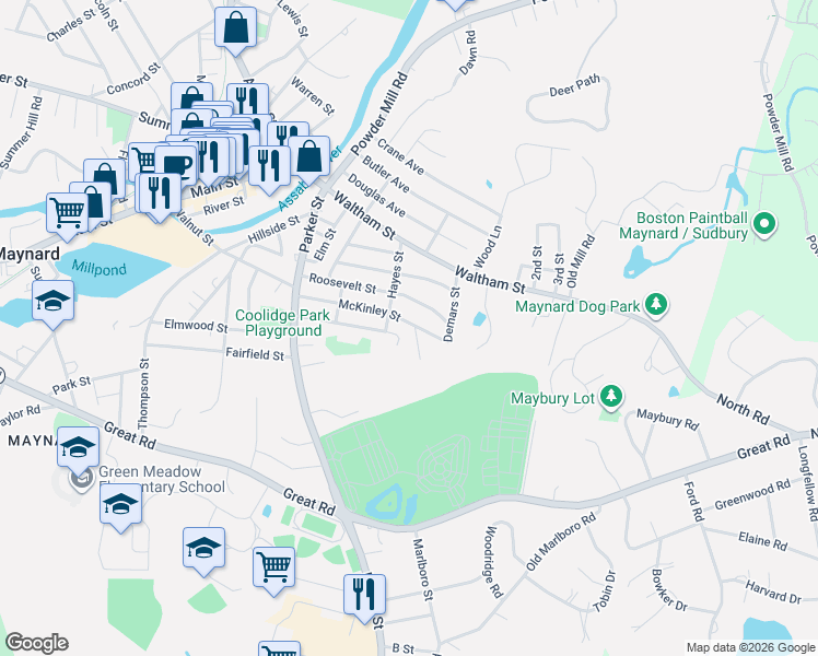 map of restaurants, bars, coffee shops, grocery stores, and more near 68 Forest Street in Maynard