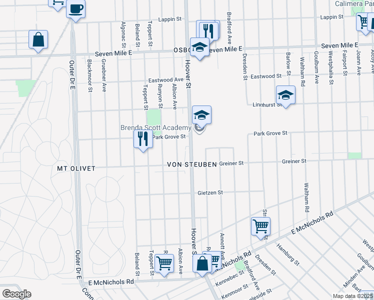 map of restaurants, bars, coffee shops, grocery stores, and more near 18059 Hoover Street in Detroit