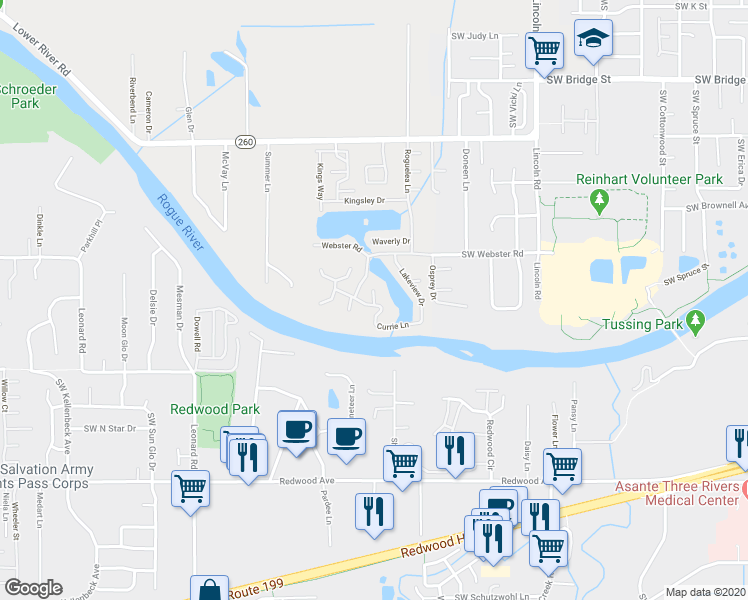map of restaurants, bars, coffee shops, grocery stores, and more near 399 Bandy Way in Grants Pass