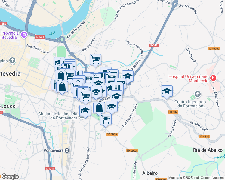 map of restaurants, bars, coffee shops, grocery stores, and more near 4 Rúa San Mauro in Pontevedra