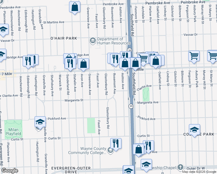 map of restaurants, bars, coffee shops, grocery stores, and more near 18641 Glastonbury Road in Detroit