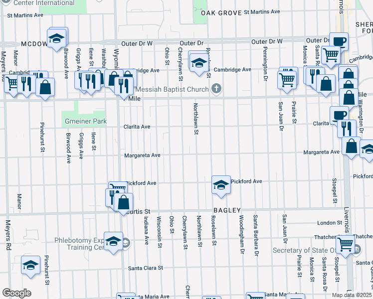 map of restaurants, bars, coffee shops, grocery stores, and more near 18501 Cherrylawn Street in Detroit
