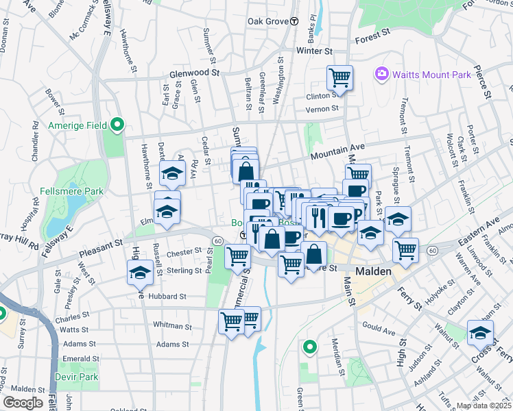 map of restaurants, bars, coffee shops, grocery stores, and more near 10 Florence Street in Malden