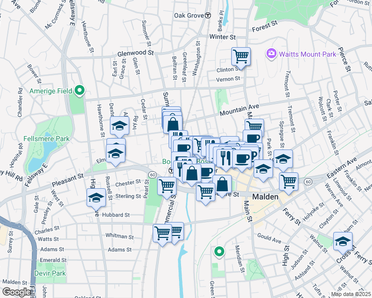 map of restaurants, bars, coffee shops, grocery stores, and more near 215 Pleasant Street in Malden
