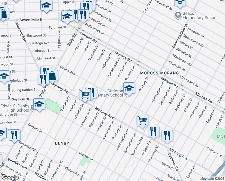 map of restaurants, bars, coffee shops, grocery stores, and more near 11916 Wayburn Street in Detroit