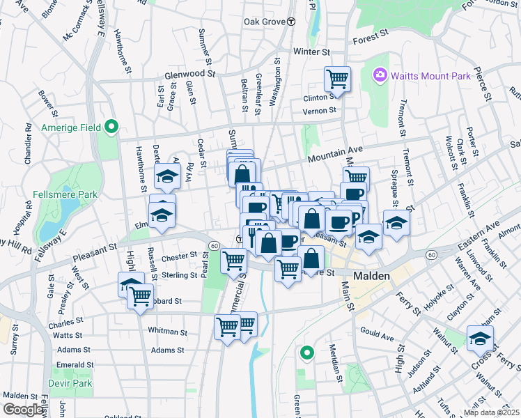 map of restaurants, bars, coffee shops, grocery stores, and more near 215 Pleasant Street in Malden