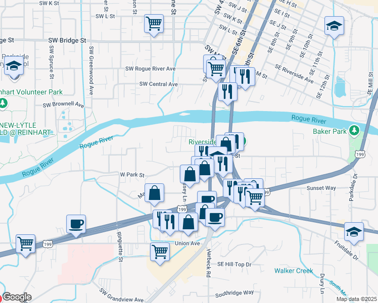 map of restaurants, bars, coffee shops, grocery stores, and more near 132 Lewis Avenue in Grants Pass