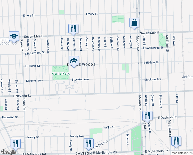 map of restaurants, bars, coffee shops, grocery stores, and more near 18090 Keystone Street in Detroit