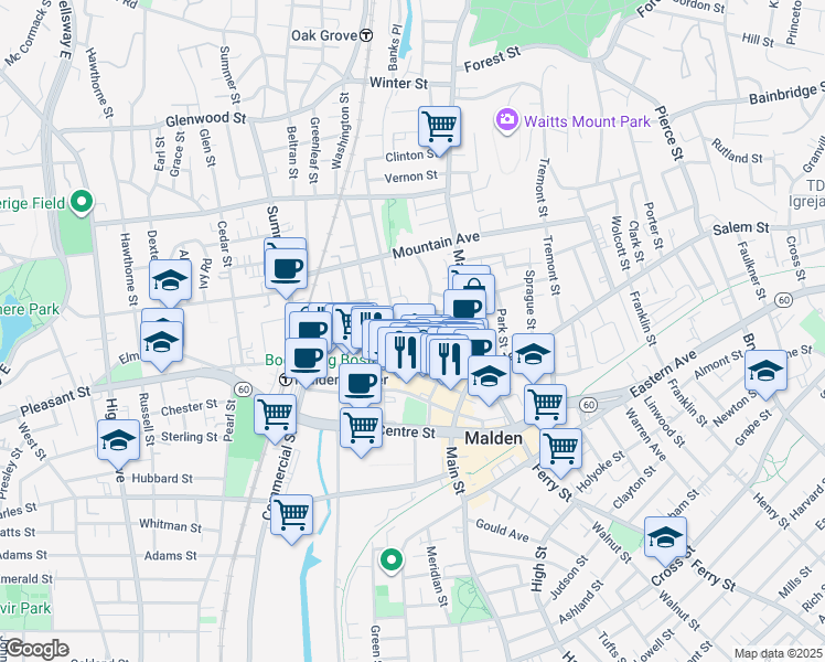 map of restaurants, bars, coffee shops, grocery stores, and more near 95-105 Pleasant Street in Malden