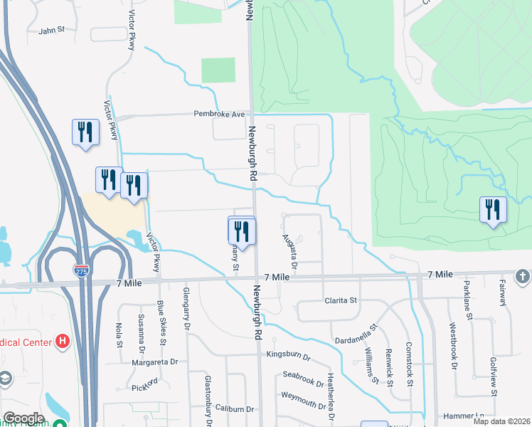 map of restaurants, bars, coffee shops, grocery stores, and more near 19316 Newburgh Road in Livonia