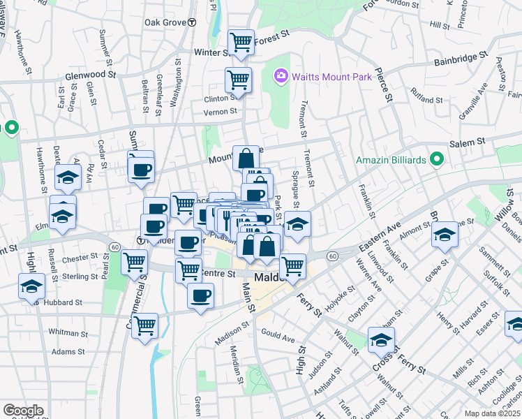 map of restaurants, bars, coffee shops, grocery stores, and more near 513 Pleasant Street in Malden