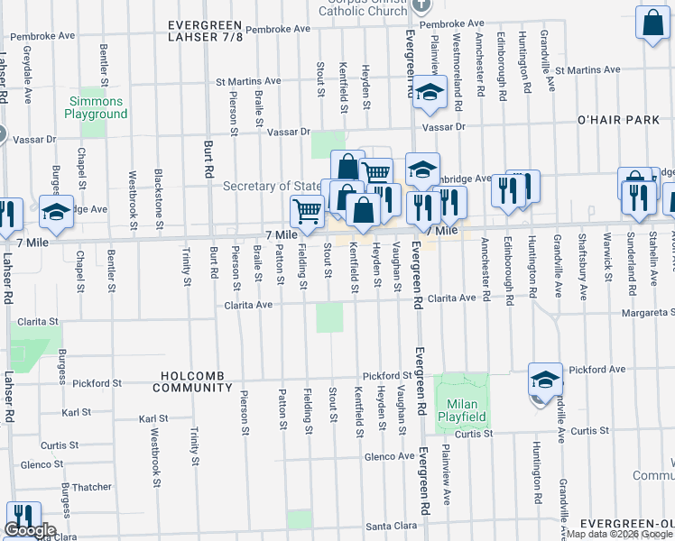 map of restaurants, bars, coffee shops, grocery stores, and more near 18922 Stout Street in Detroit