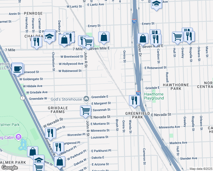 map of restaurants, bars, coffee shops, grocery stores, and more near 86 West Grixdale Avenue in Detroit