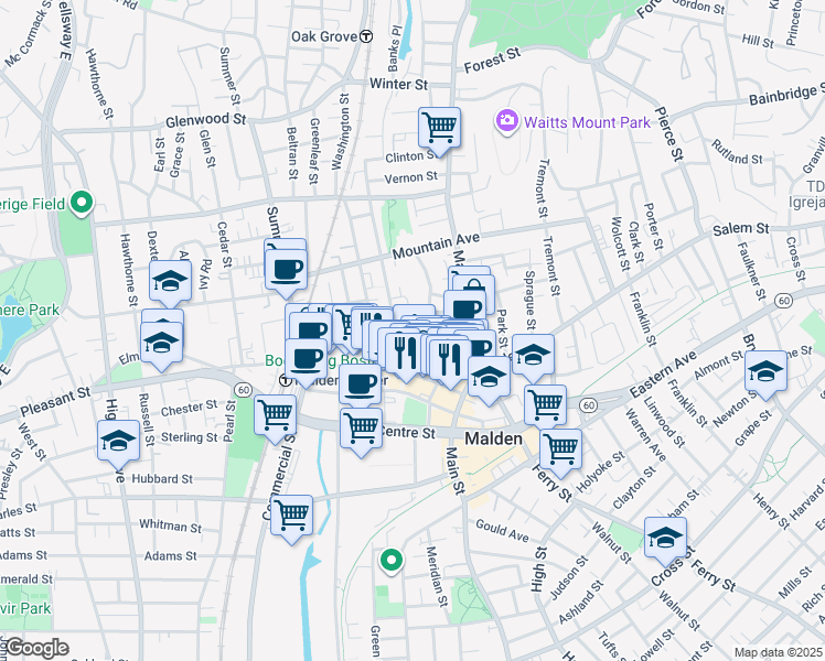 map of restaurants, bars, coffee shops, grocery stores, and more near 95-105 Pleasant Street in Malden
