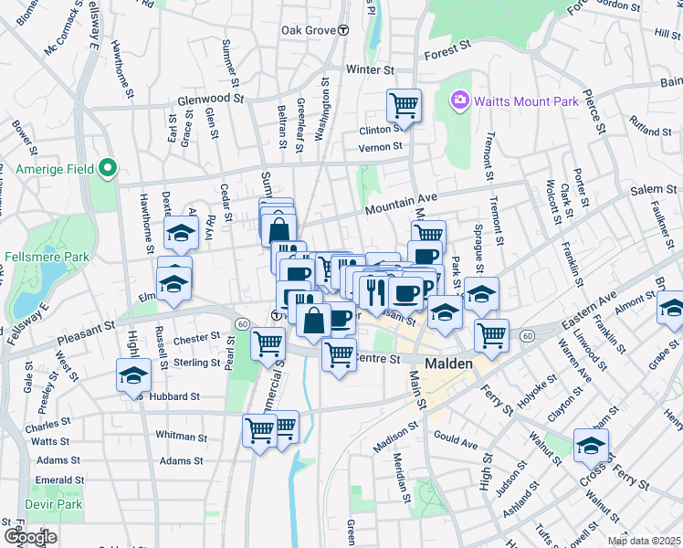map of restaurants, bars, coffee shops, grocery stores, and more near 157 Pleasant Street in Malden