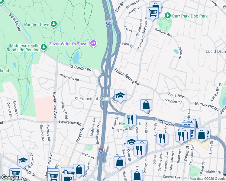 map of restaurants, bars, coffee shops, grocery stores, and more near 24 Saint Francis Street in Medford