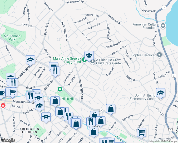 map of restaurants, bars, coffee shops, grocery stores, and more near 122 Hemlock Street in Arlington