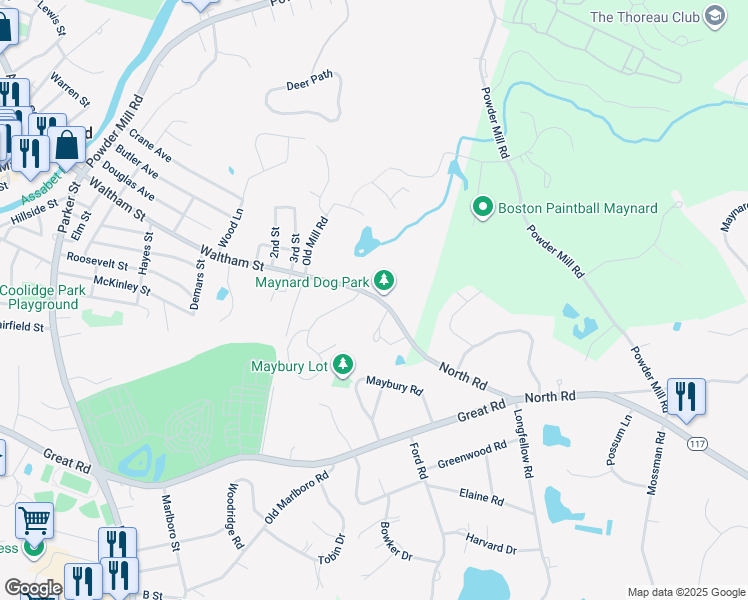map of restaurants, bars, coffee shops, grocery stores, and more near 141 Waltham Street in Maynard