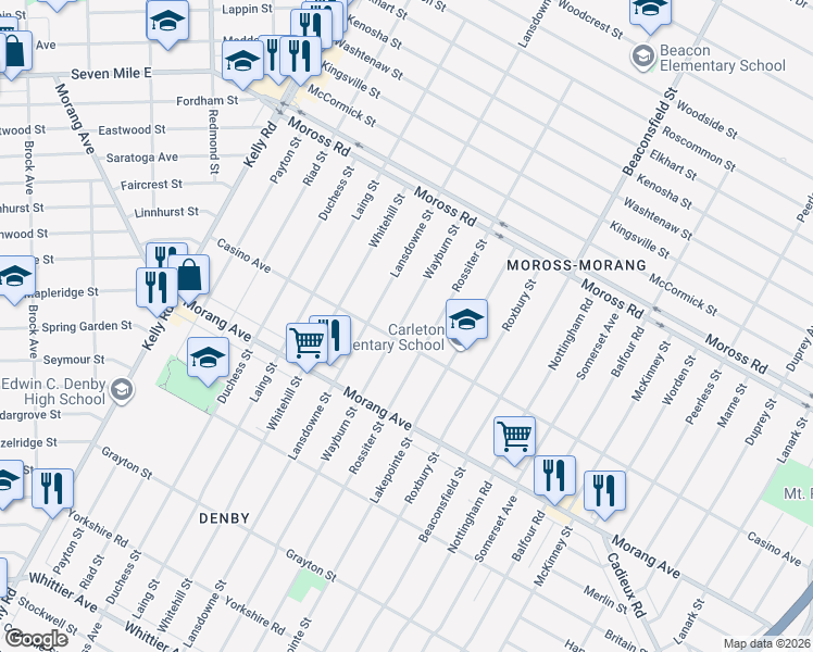 map of restaurants, bars, coffee shops, grocery stores, and more near 11916 Wayburn Street in Detroit