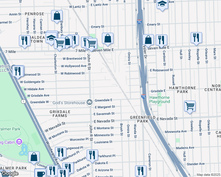 map of restaurants, bars, coffee shops, grocery stores, and more near 86 West Grixdale Avenue in Detroit