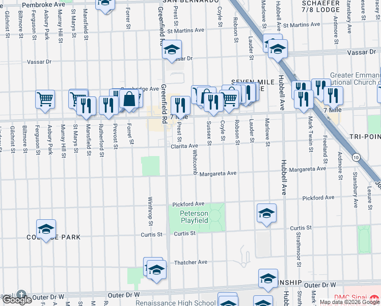 map of restaurants, bars, coffee shops, grocery stores, and more near 18645 Whitcomb in Detroit