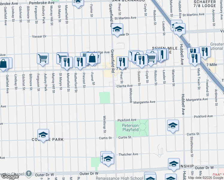 map of restaurants, bars, coffee shops, grocery stores, and more near 18641 Greenfield Road in Detroit
