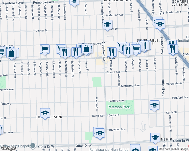 map of restaurants, bars, coffee shops, grocery stores, and more near 18644 Forrer Street in Detroit