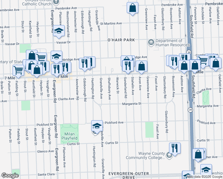 map of restaurants, bars, coffee shops, grocery stores, and more near 18650 Shaftsbury Avenue in Detroit