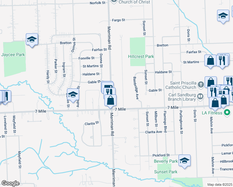 map of restaurants, bars, coffee shops, grocery stores, and more near 19276 Merriman Road in Livonia