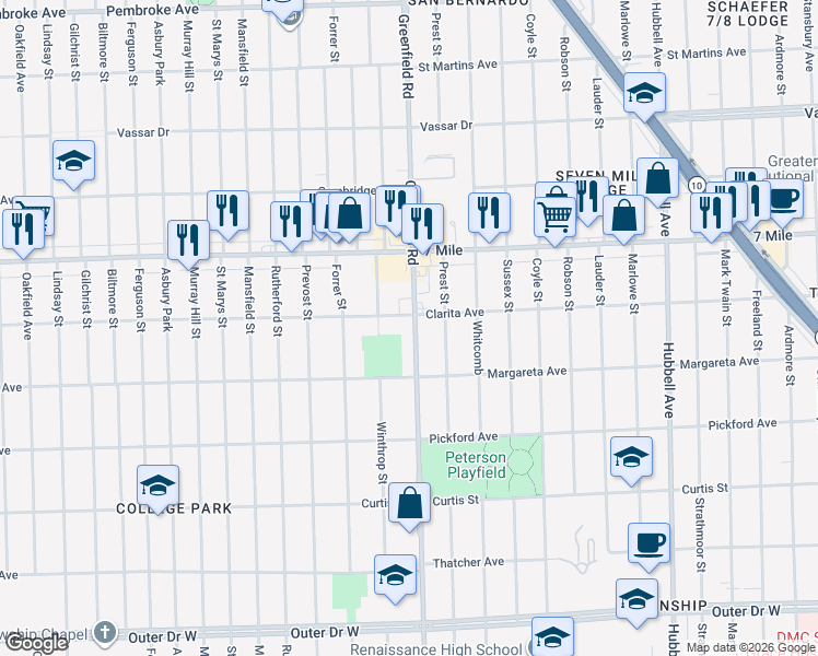 map of restaurants, bars, coffee shops, grocery stores, and more near 18641 Greenfield Road in Detroit