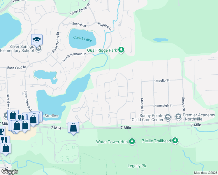 map of restaurants, bars, coffee shops, grocery stores, and more near 19661 Cardene Way in Northville