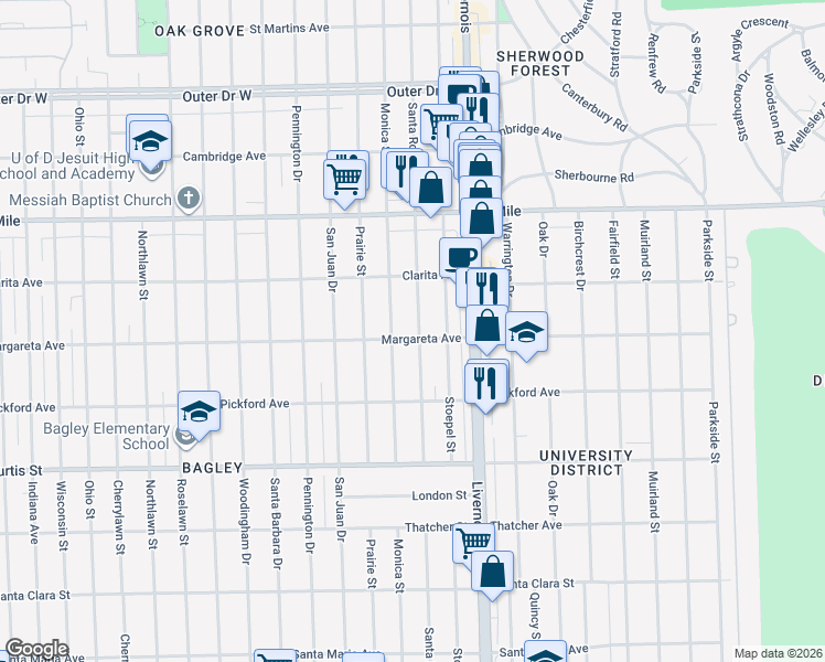 map of restaurants, bars, coffee shops, grocery stores, and more near 18491 Santa Rosa Drive in Detroit