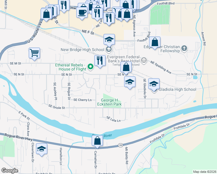 map of restaurants, bars, coffee shops, grocery stores, and more near 1661 Southeast N Street in Grants Pass
