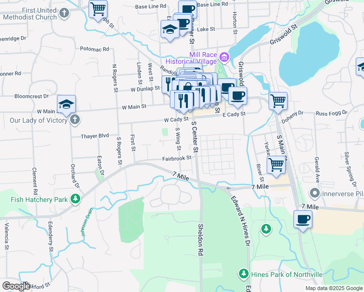 map of restaurants, bars, coffee shops, grocery stores, and more near 351 South Wing Street in Northville