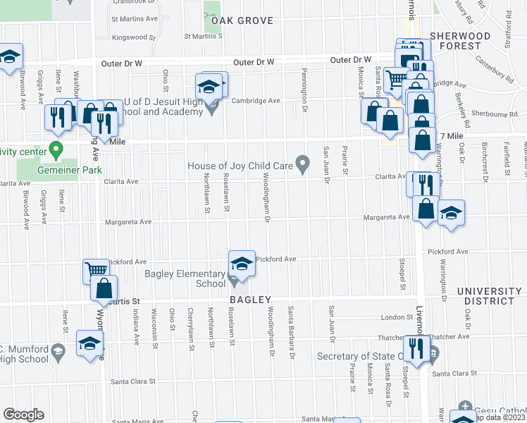 map of restaurants, bars, coffee shops, grocery stores, and more near 18623 Woodingham Drive in Detroit