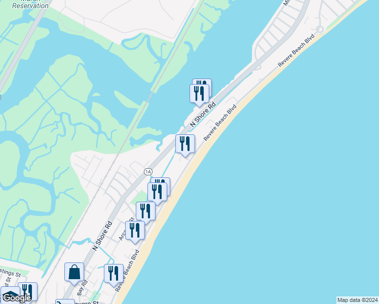 map of restaurants, bars, coffee shops, grocery stores, and more near 500 Revere Beach Boulevard in Revere