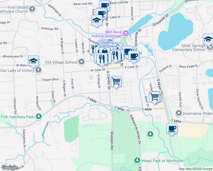 map of restaurants, bars, coffee shops, grocery stores, and more near 383 South Wing Street in Northville