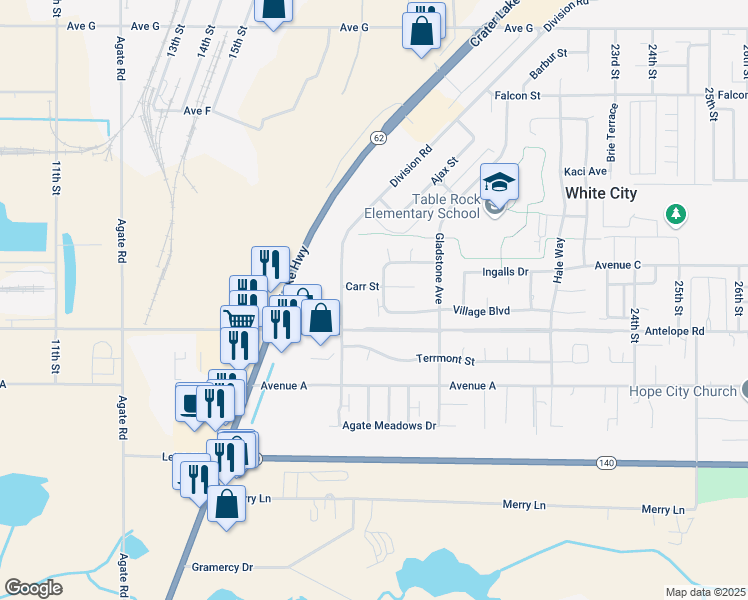map of restaurants, bars, coffee shops, grocery stores, and more near 7655 Garrison Avenue in White City