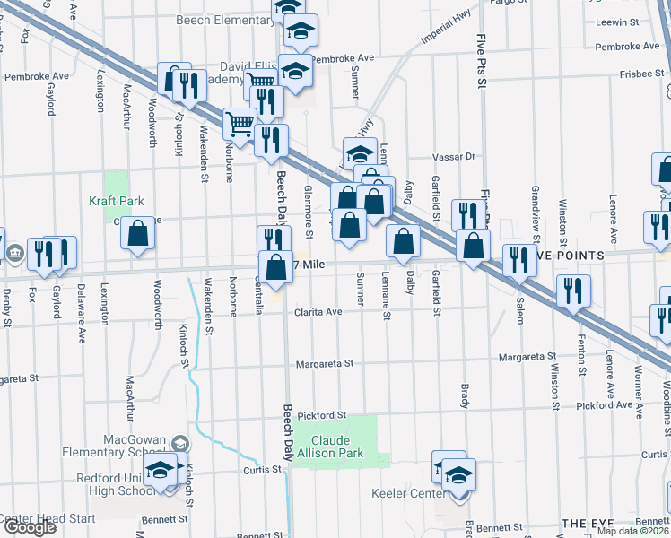 map of restaurants, bars, coffee shops, grocery stores, and more near Olympia in Wayne County