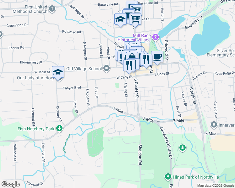 map of restaurants, bars, coffee shops, grocery stores, and more near West Cady Street in Northville