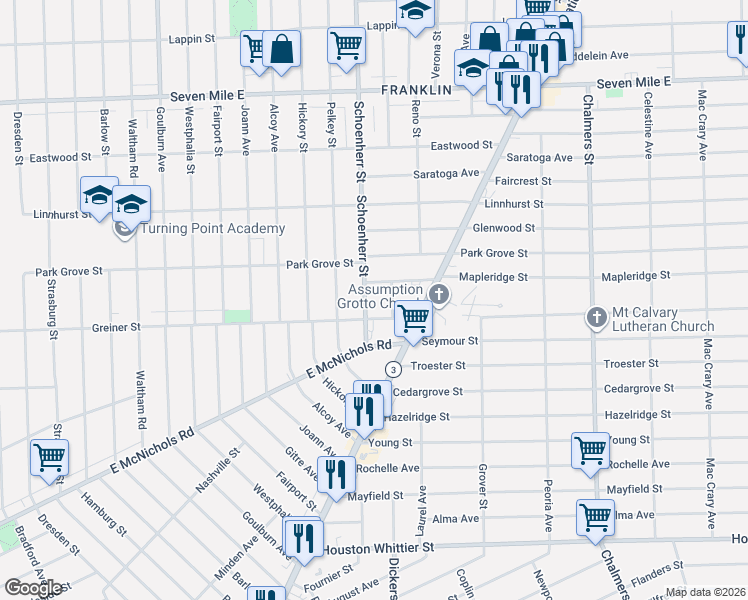 map of restaurants, bars, coffee shops, grocery stores, and more near 13613 Mapleridge Street in Detroit