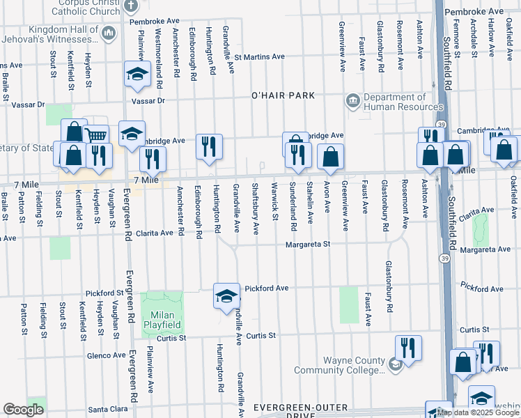 map of restaurants, bars, coffee shops, grocery stores, and more near 18708 Shaftsbury Avenue in Detroit