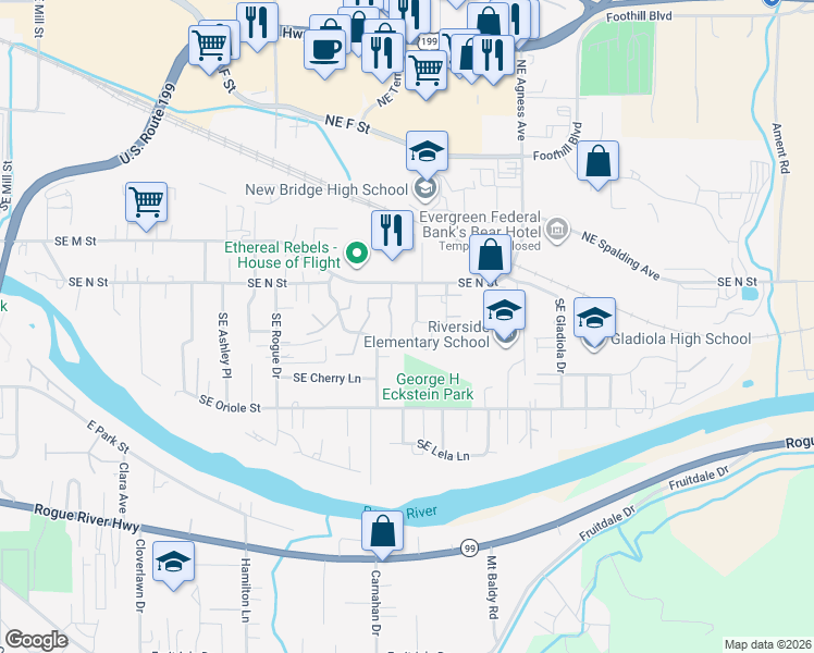 map of restaurants, bars, coffee shops, grocery stores, and more near 1110 Southeast Catherine Way in Grants Pass