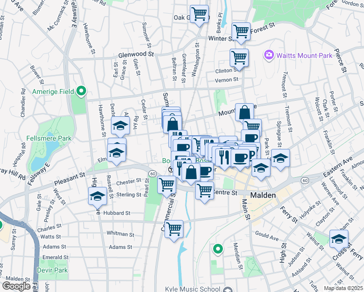 map of restaurants, bars, coffee shops, grocery stores, and more near 47 Florence Street in Malden
