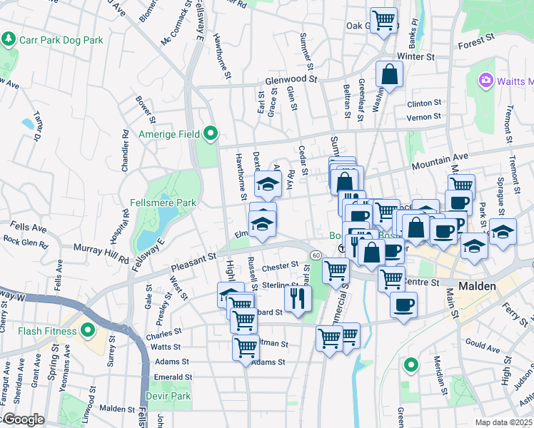 map of restaurants, bars, coffee shops, grocery stores, and more near 41 Dexter Street in Malden