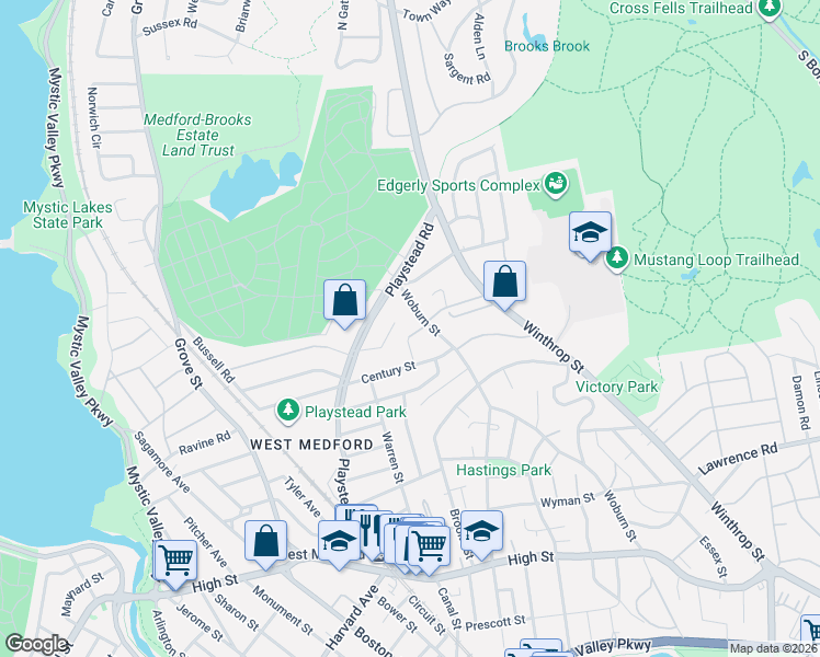 map of restaurants, bars, coffee shops, grocery stores, and more near 24 Joan Road in Medford