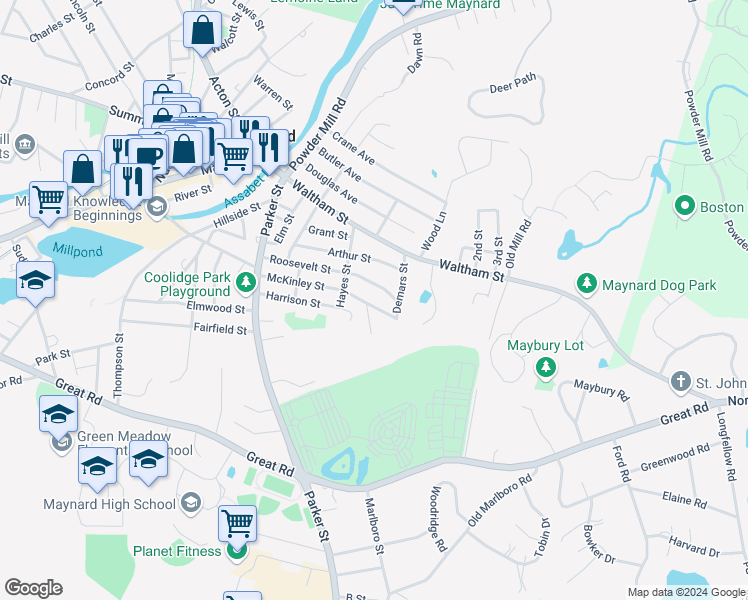 map of restaurants, bars, coffee shops, grocery stores, and more near 42-44 Roosevelt Street in Maynard