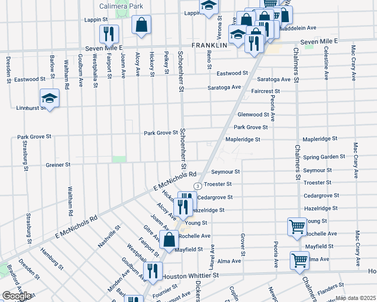 map of restaurants, bars, coffee shops, grocery stores, and more near 13613 Mapleridge Street in Detroit